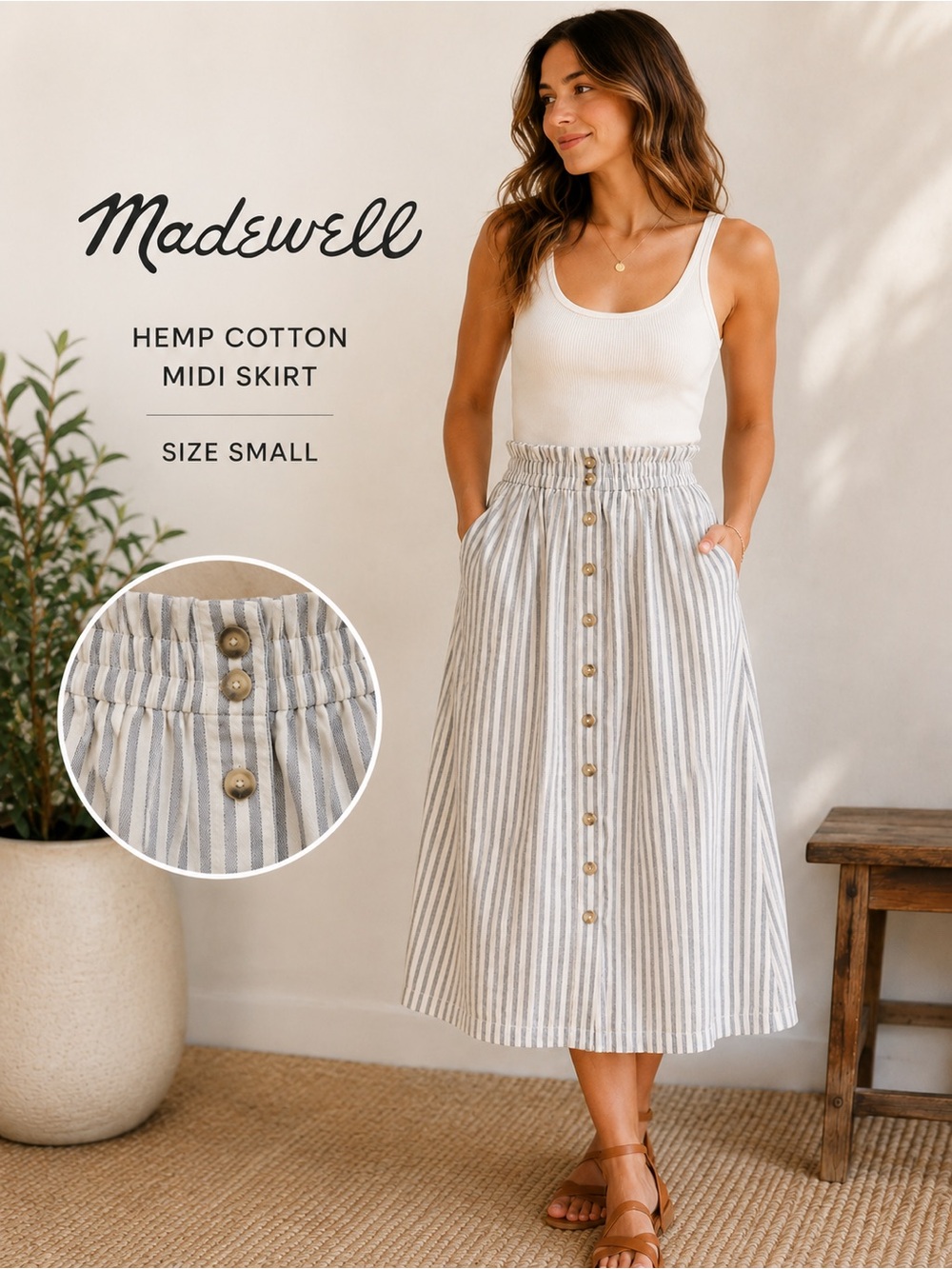 Madewell Hemp Cotton Striped Paperbag Midi Skirt Pockets Size Small